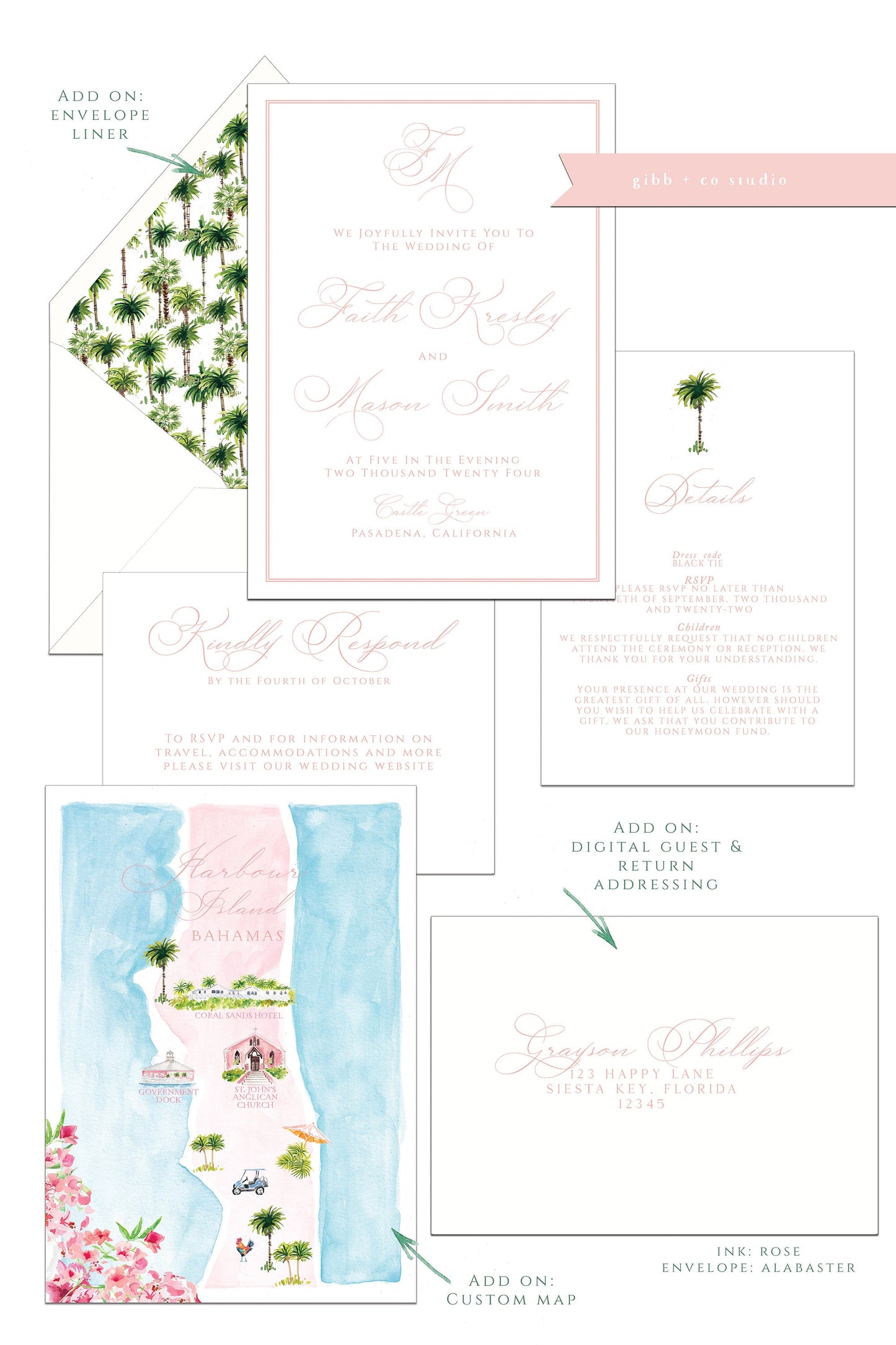 Printed tropical wedding invitations, Semi Custom printed wedding invitations, tropical, watercolor, wedding invitations, rsvp, details, Olivia Collection