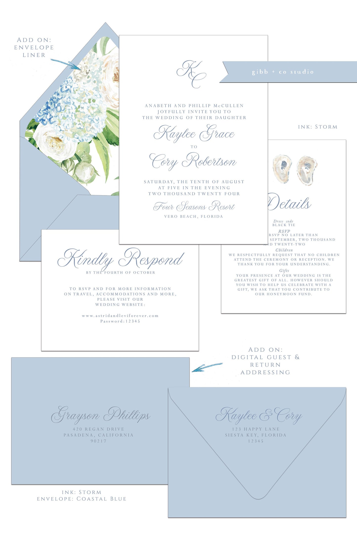 Printed coastal wedding invitations, Semi Custom printed wedding invitations, floral, coastal, watercolor, wedding invitations, rsvp, details, Lindsay Collection