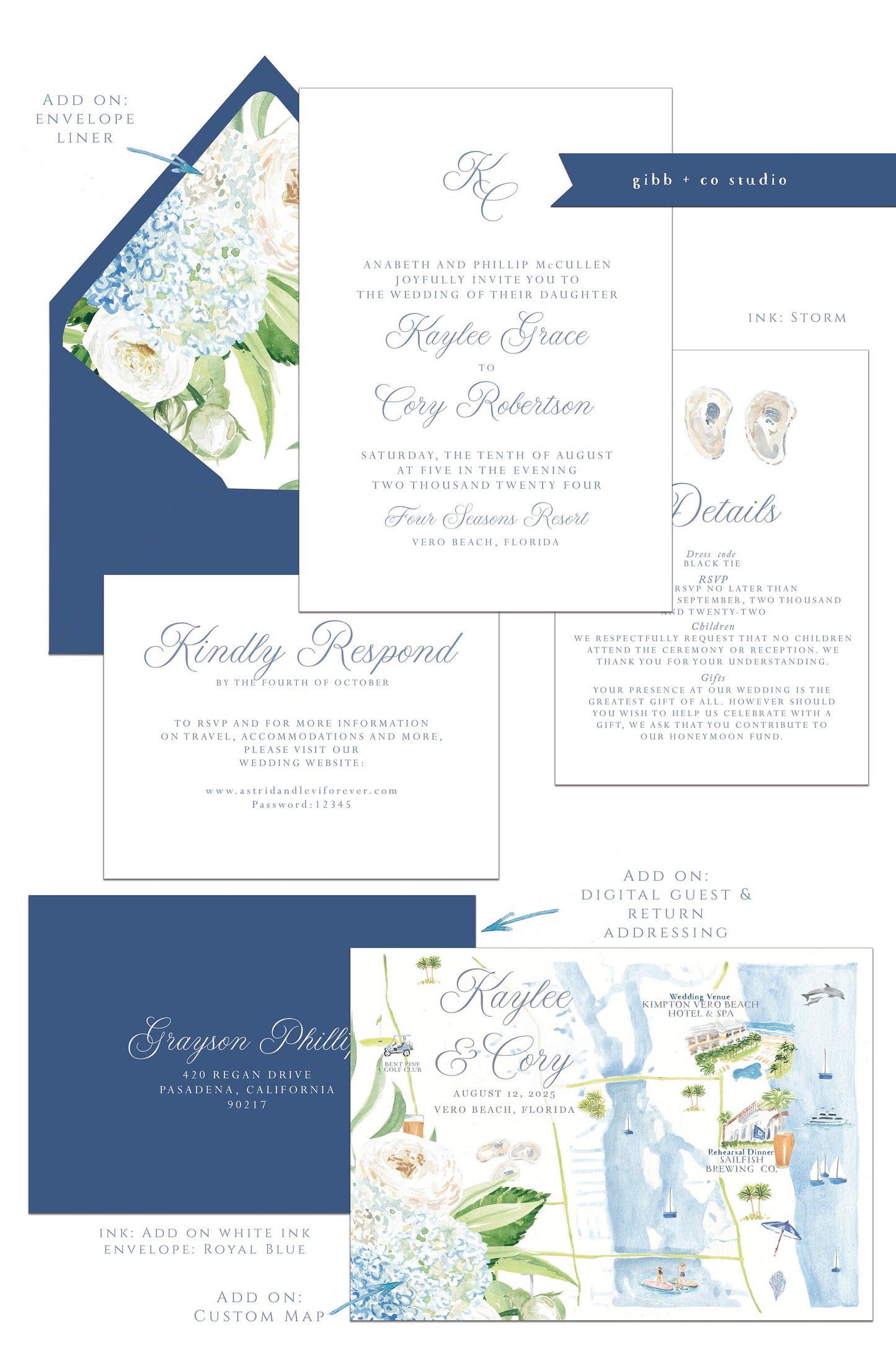 Printed coastal wedding invitations, Semi Custom printed wedding invitations, floral, coastal, watercolor, wedding invitations, rsvp, details, Lindsay Collection