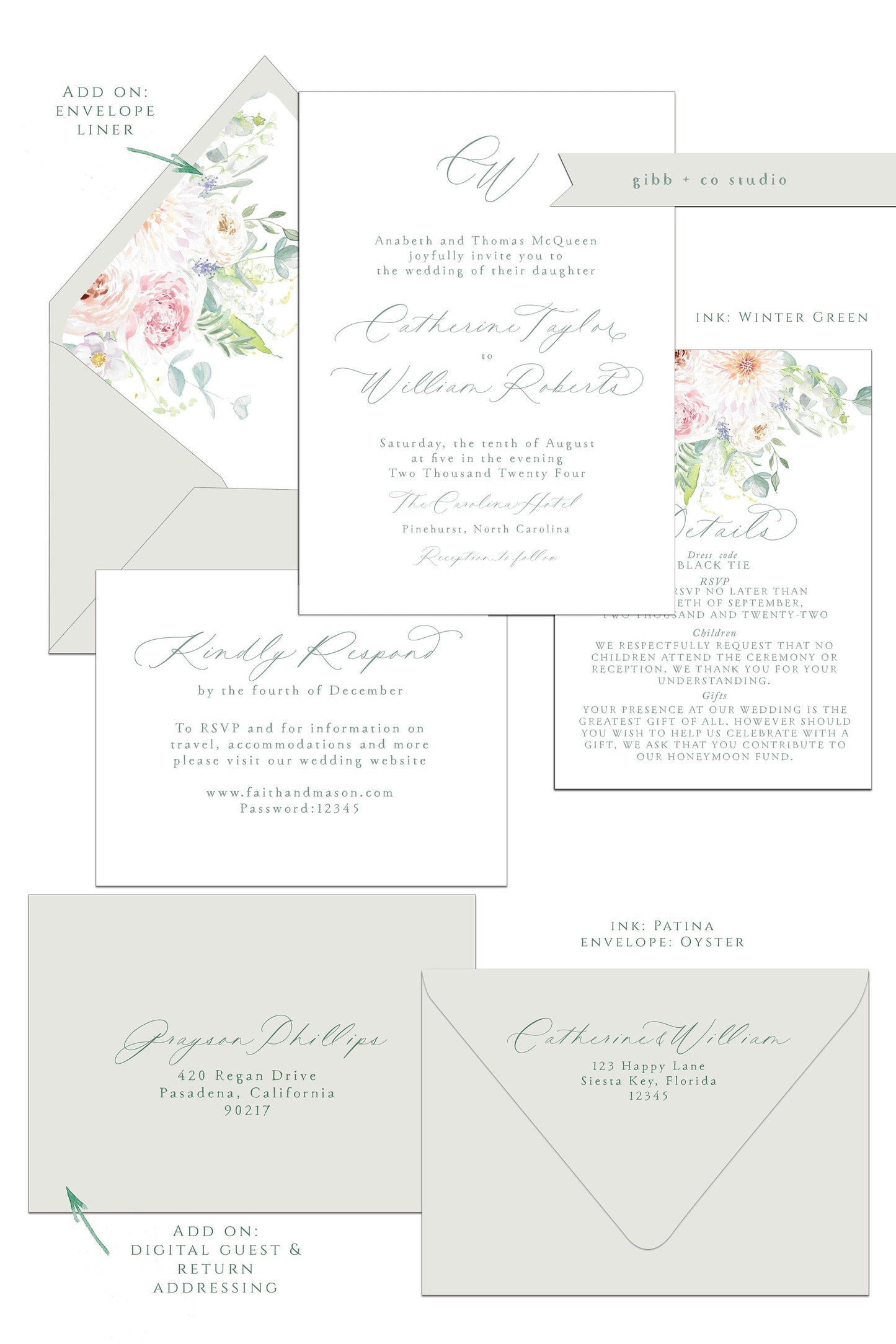 Printed floral wedding invitations, Semi Custom printed wedding invitations, floral, minimal, watercolor, wedding invitations, rsvp, details, Layla Collection