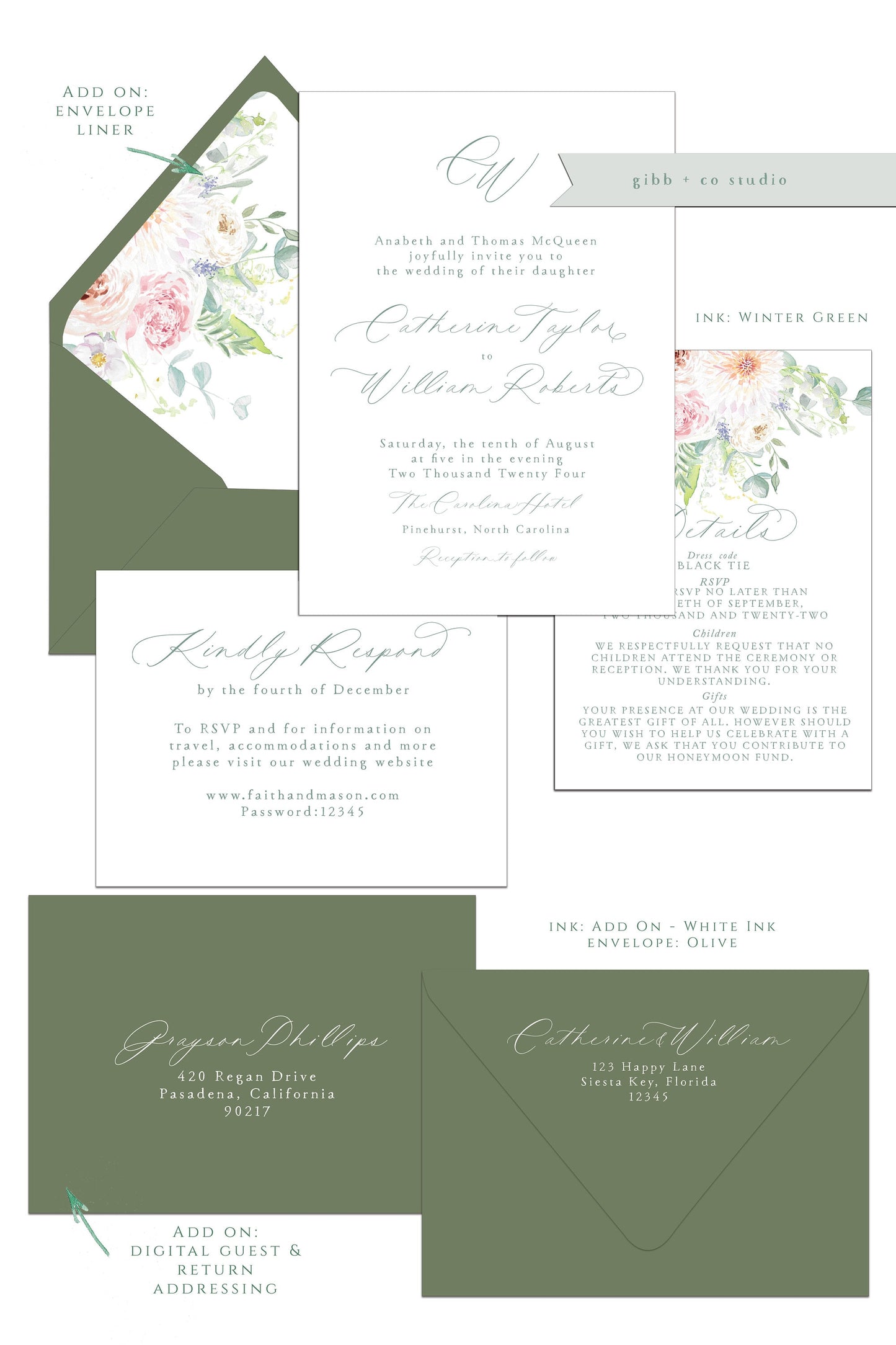 Printed floral wedding invitations, Semi Custom printed wedding invitations, floral, minimal, watercolor, wedding invitations, rsvp, details, Layla Collection