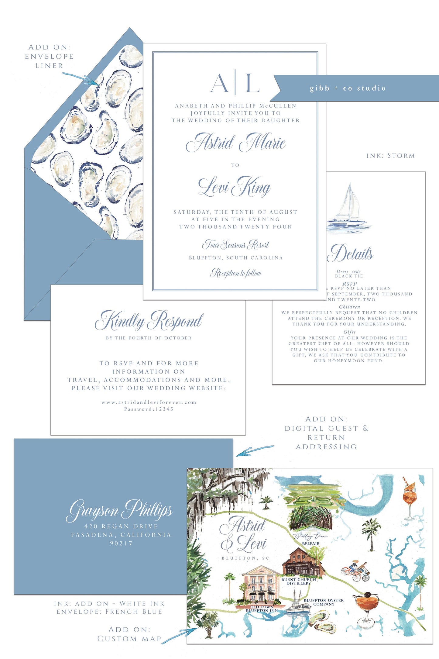 Printed coastal wedding invitations, Semi Custom printed wedding invitations, coastal, watercolor, wedding invites, rsvp, details, Astrid Collection