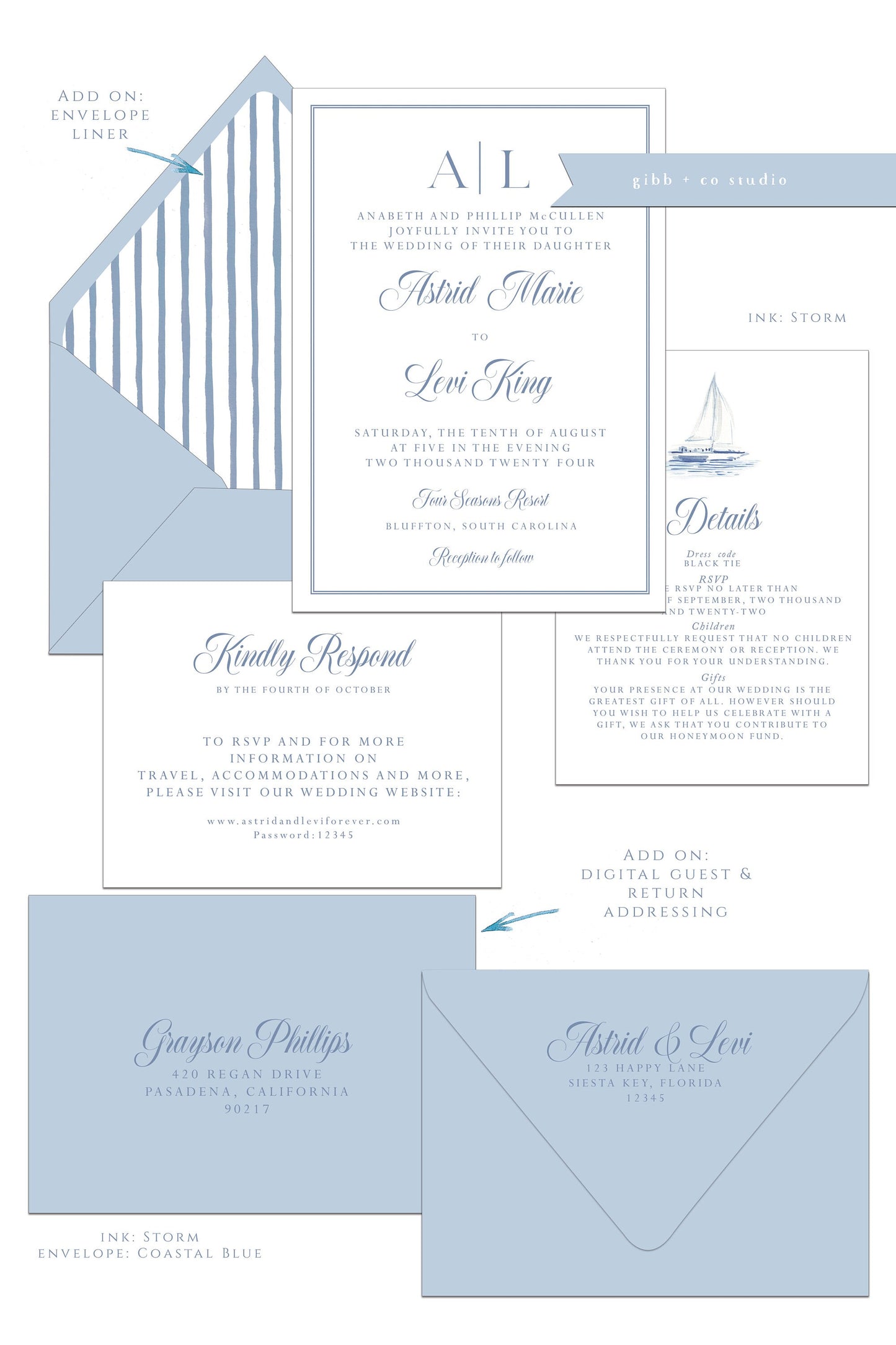 Printed coastal wedding invitations, Semi Custom printed wedding invitations, coastal, watercolor, wedding invites, rsvp, details, Astrid Collection