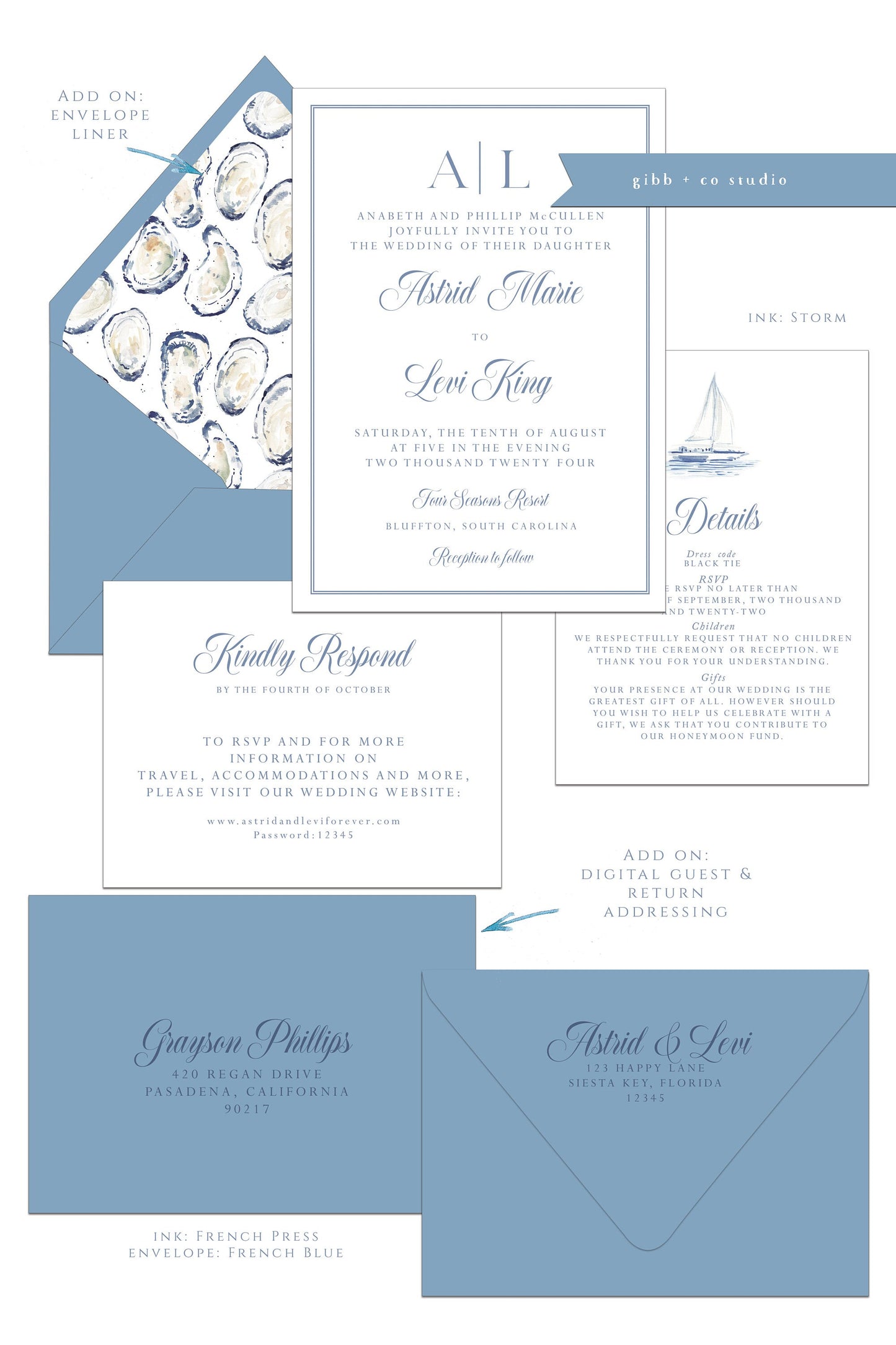 Printed coastal wedding invitations, Semi Custom printed wedding invitations, coastal, watercolor, wedding invites, rsvp, details, Astrid Collection