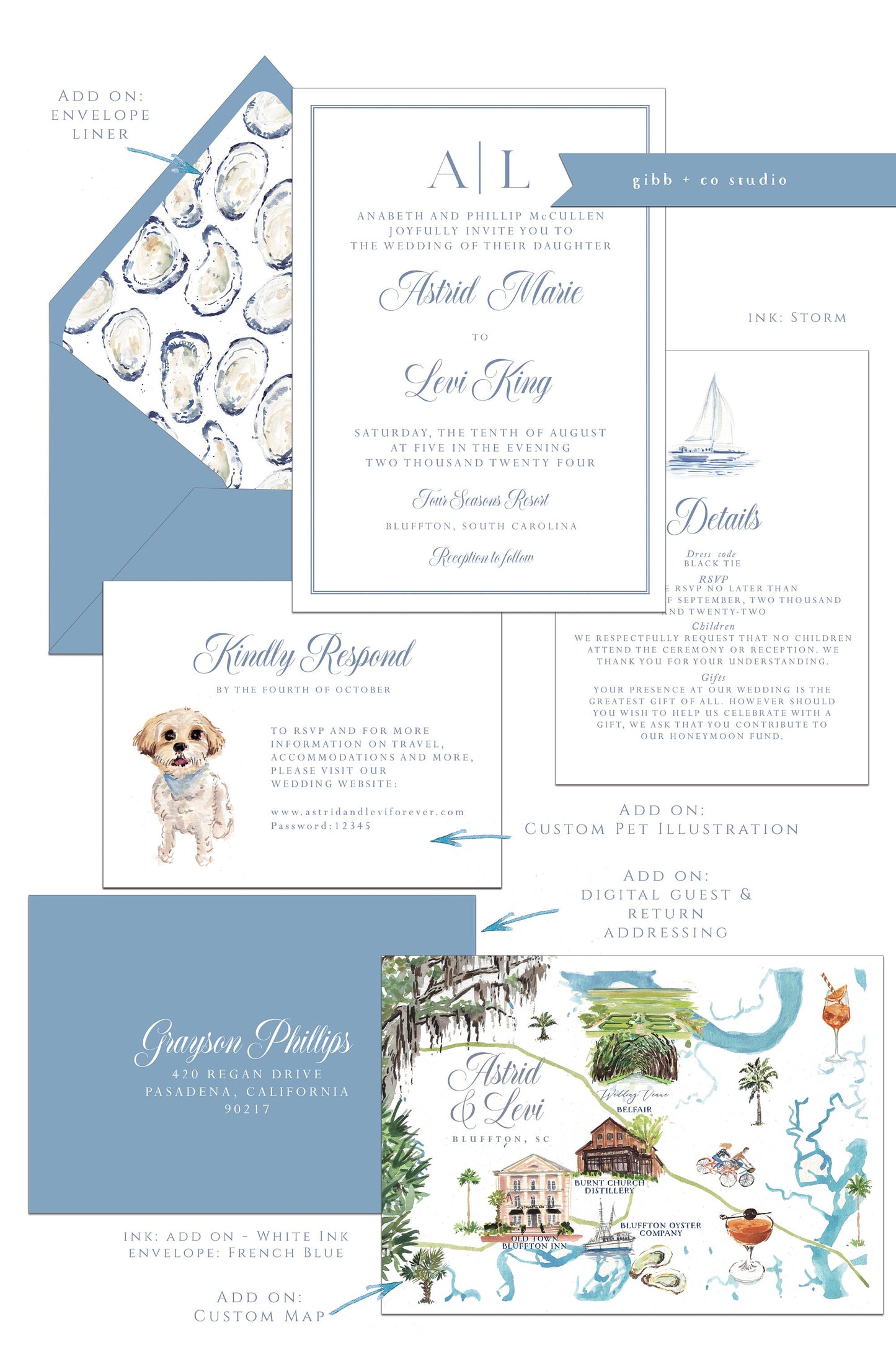 Printed coastal wedding invitations, Semi Custom printed wedding invitations, coastal, watercolor, wedding invites, rsvp, details, Astrid Collection